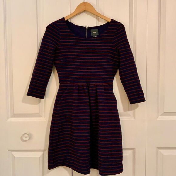 Anthropologie Maeve Navy Blue Striped Brenna Fit Flare Dress Sz 2 - Picture 3 of 13